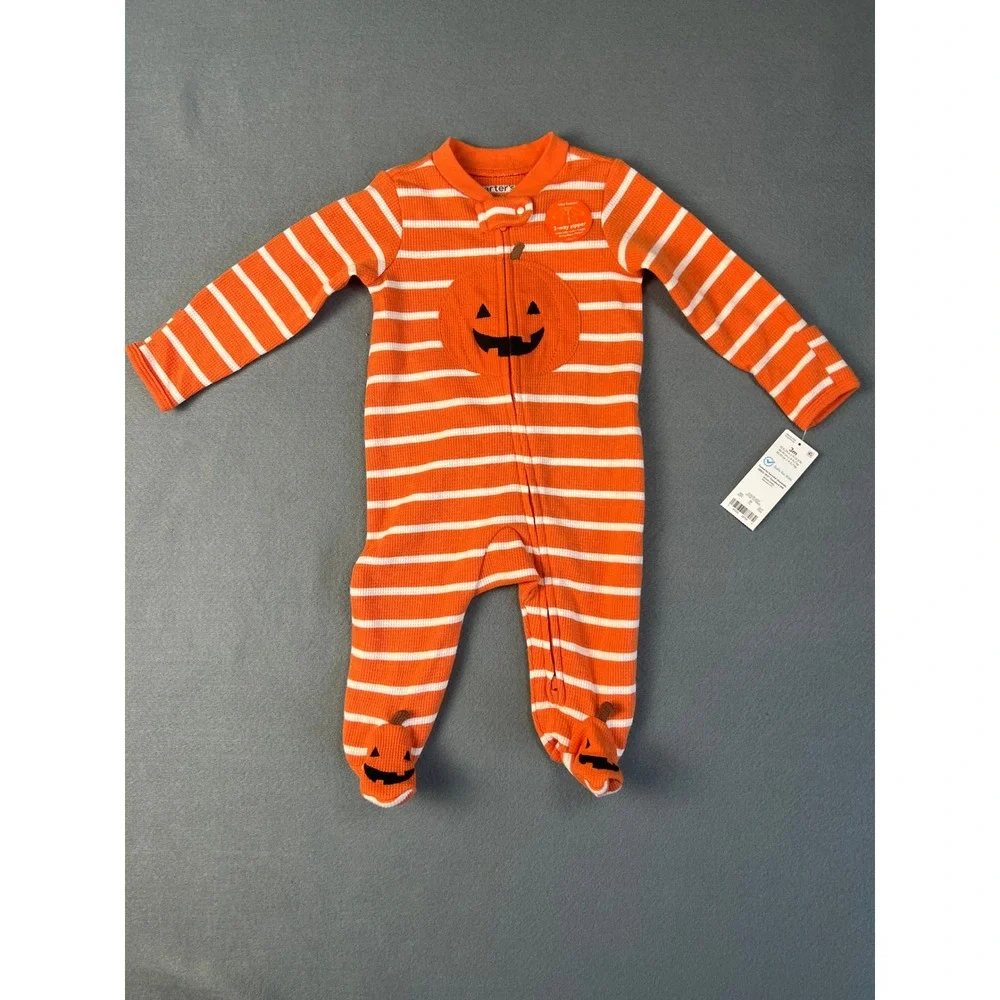 Carter's Halloween Pumpkin Striped Thermal Footed Sleeper Pajamas Baby 3M NWT